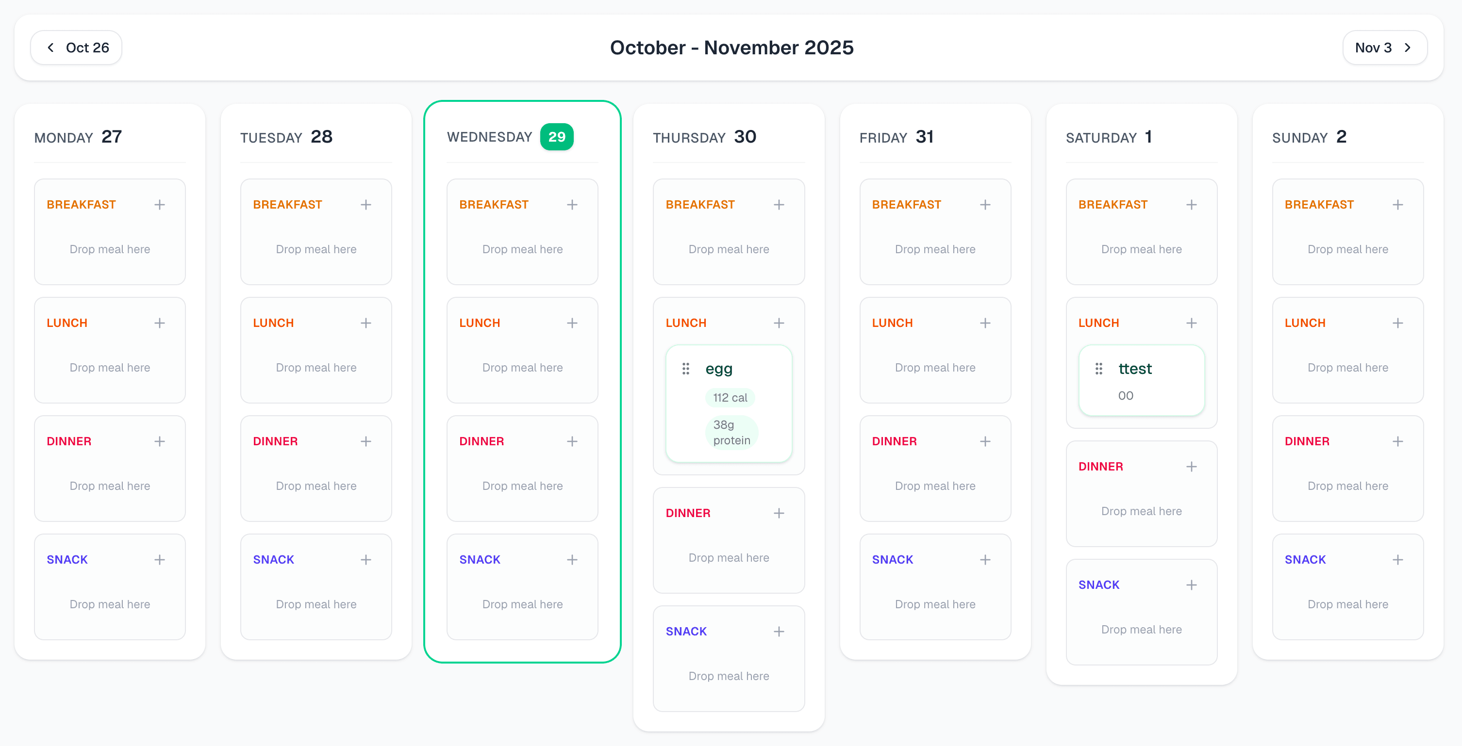 FlexiMeal weekly planning board — seven days of meals with gentle macro totals